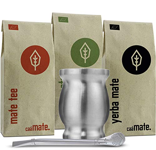 Mate Tee Set Bio ● 3 Matesorten + doppelwandiger Edelstahl Matebecher + Bombilla + Zubereitungsanleitung (silber) von caámate.