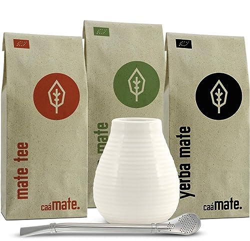 Mate Tee Set Keramik ● 3 Bio Matesorten + Matebecher + Bombilla + Zubereitungsanleitung (weiß) von caámate.