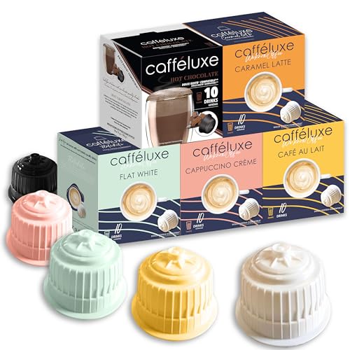 CaffeLuxe Single Dienen Verschiedene Prämie-Kaffeepads - Flache weiße, heiße Schokolade, Capuccino-Creme - Dolce Gusto-kompatible Pads (50 Pads, 50 Portionen) von cafféluxe