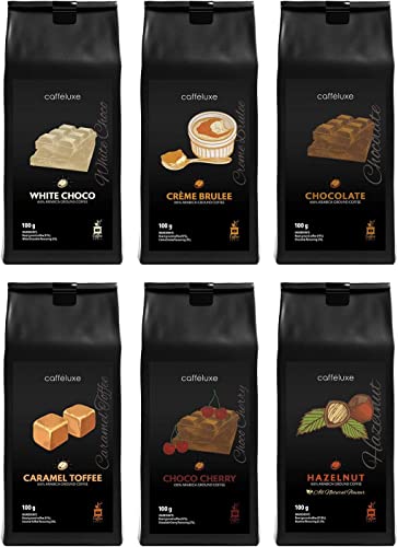 Cafféluxe Arabica Medium Roast aromatisierter gemahlener Kaffee - Probierpaket (6 x 100g) - Schokolade, Weiße Schokolade, Karamell, Kirsche, Haselnuss, Crème Brûlée (100g pro Beutel) von cafféluxe