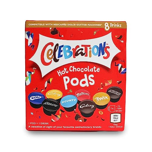 Celebrations Heiße Schokoladenpads, kompatibel mit Dolce Gusto - Twix, Mars, Bounty, Snickers, Galaxy, Malteser, Milky Way & Galaxy Caramel Capsules - 1 Box, 8 Capsules von cafféluxe