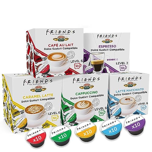 Friends Kaffeekapseln, kompatibel mit Dolce Gusto, Cappuccino, Caramel Latte, Espresso, Cafe Au Lait and Latte Machiatto, 50 Pods von cafféluxe