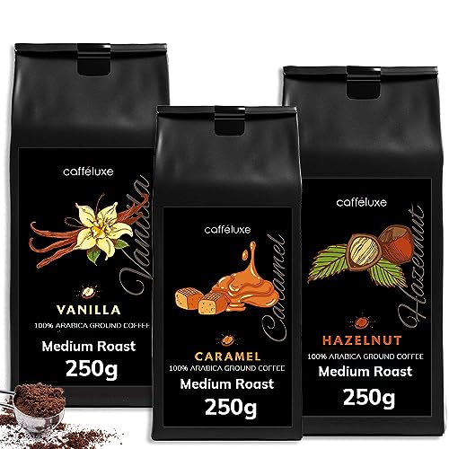 Ground Kaffee Gemischtes Gemisch - Vanille, Karamell & Haselnuss (250 g pro Beutel) von cafféluxe