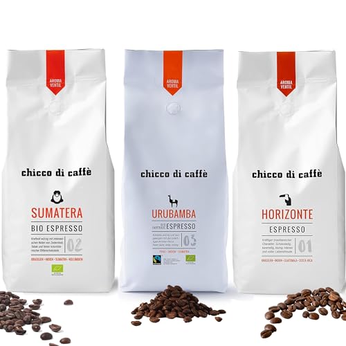 chicco di caffè Trio 3 Kilogramm Probierpaket mit Bio Espresso Urubamba, Bio Espresso Sumatera und Espresso Horizonte je 1000g ganze Bohnen von chicco di caffè