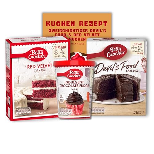 Betty Crocker Backmischung Set – Devil's Food & Red Velvet Cake Mix + 400g Icing - Backmischung für Kuchen - Perfekt für Schokoladen- und Red Velvet Liebhaber" - inklusive Crela Packs Backrezept von crela packs