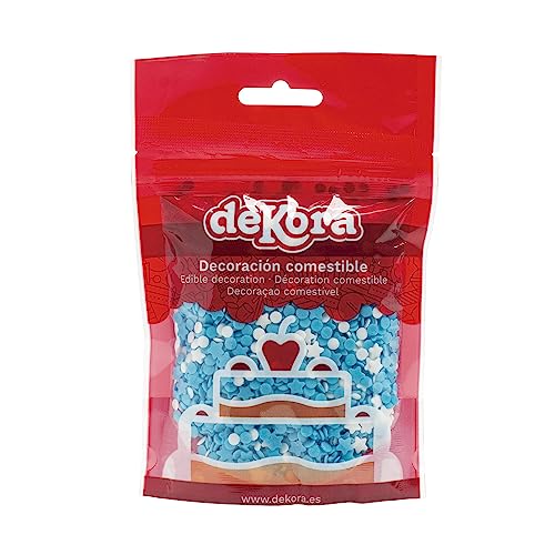 dekora - Konfetti Streusel Tortendeko Essbar - Essbares Zuckerdekor für Torten Cupcakes und andere Desserts Blaue und Weiße Kreise und Zuckersterne - Streusel Blau - 100 g von dekora