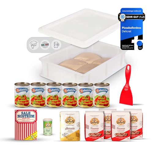 DELICRET - Starter - Kit Grande | 6x San Marzano DOP + 1x Meersalz fein | 4x Caputo Pizzeria + 1x Semola + 1x Trockenhefe + 1x Pizzaspachtel + 1x Pizzaballenbox mit Deckel & Flyer von delicret the delicate secrets of the world