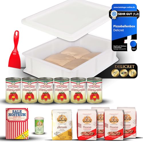 DELICRET - Starter - Kit deluxe | 6x Nolano San Marzano DOP + 1x Meersalz fein | 4x Caputo Pizzeria + 1x Semola + 1x Trockenhefe + 1x Pizzaspachtel + 1x Pizzaballenbox mit Deckel & Flyer von delicret the delicate secrets of the world