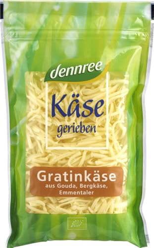 Gratinkäse gerieben, aus Gouda, Bergkäse, Emmentaler 12 x 150 gr von dennree