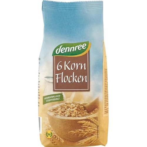 dennree Bio 6-Korn-Flocken 1er Pack (1 x 0,5 Kg) Hoher Balaststoffgehalt und reiner Genuss mit Hafer, Gerste, Weizen, Roggen, Dinkel und Reis von dennree