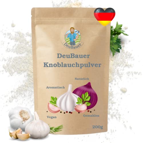 Knoblauchpulver, 100% naturrein, aus schonend getrocknetem gemahlenen Knoblauch ohne Zusätze & vegan - Knoblauchsalz und Bratpulver - perfekt für alle Gerichte - DeuBauer 200g von deubauer