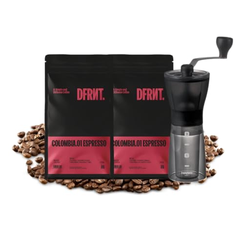 Espresso Starterpack, Beutel 2 x 250 g + Hario Kaffeemühle für Spezialkaffee | Specialty Coffee 86 SCA | Kolumbien | ideale Filterzubereitung | frische Röstung in Spanien | 500 g von dfrnt