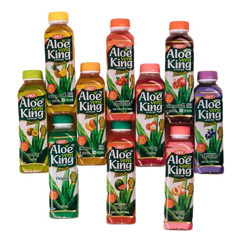 dinese 10er Mix-Set OKF Aloe Vera Drink Set | OKF | Mit echten Aloe-Stückchen | Blueberry, Ananas, Granatapfel, Wassermelone, Kiwi, Litchi, Mango, Original, Cranberry, Pfirsich | Erfrischungsgetränk| von dinese