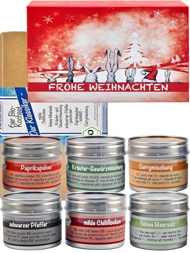 direct&friendly | 6er Bio-Gewürze Geschenkset im Weihnachtsschuber | Chili, Curry, Pfeffer, Meersalz, Paprika, Kräuter-Gewürzmischung | 360 g von direct&friendly