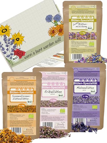 direct&friendly | Blüten-Geschenkset | 4 farbenfrohe Bio-Blüten | als Tee, Back- und Koch-Deko von direct&friendly