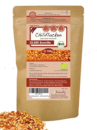 direct&friendly Bio Chili getrocknet scharf geschrotet Chiliflocken 25.000 Scoville (100 g) von direct&friendly