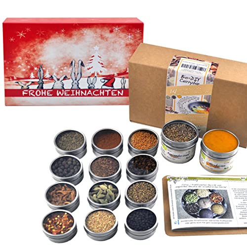 direct&friendly Bio Curry Set Geschenk DIY Gewürzset Geschenkset mit 14 verschiedenen Bio Gewürzen und Rezeptheft von direct&friendly