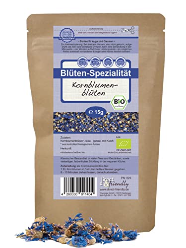 Blaue Bio Kornblumenblüten mit Kelch | essbare Premium Qualität für Tee | 15g | direct&friendly von direct&friendly