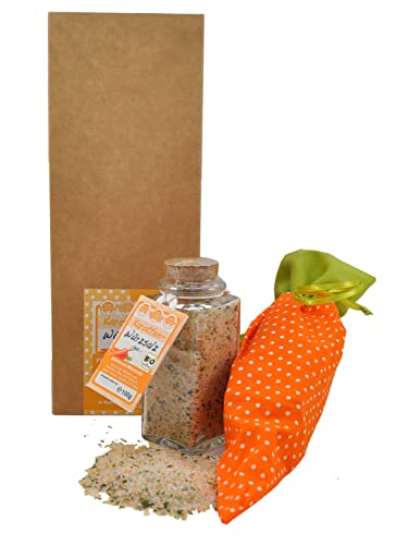 direct&friendly kleine Geschenkidee Karottenbeutel mit Bio Salz im Korkglas (Orange - Bio Karotten-Würzsalz) von direct&friendly