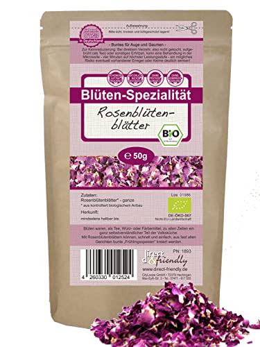 direct&friendly | Premium Bio Rosenblütenblätter | farb-&duft-intensiv | 50g | Essbar | Tee | Backen | Wellness von direct&friendly