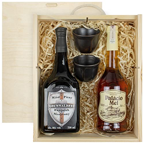 Geschenkset mit 2 Mets und 2 kleinen Keramikbechern in Holzbox | Dwójniak- Halber: Grunwaldzki, Palacio Mel| Honigwein 1250ml | 16% Alkohol Metwein | Polnische Produktion von eHonigwein.de Premium Quality