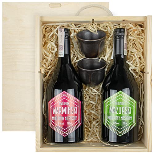 Geschenkset mit 2 Mets und 2 kleinen Keramikbechern in Holzbox | Warmiński Dwójniak- Halber, Mazurski Trójniak-Drittel| Honigwein 1400ml | 13-16% Alkohol Metwein | Polnische Produktion von eHonigwein.de Premium Quality