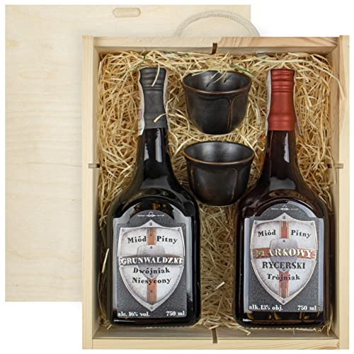 Geschenkset mit 2 Mets und 2 kleinen Keramikbechern in einer Holzbox | Dwójniak- Halber: Grunwaldzki, Trójniak-Drittel: Markowy Rycerski | 1500ml | 13-16% Alkohol Metwein | Polnische Produktion von eHonigwein.de Premium Quality