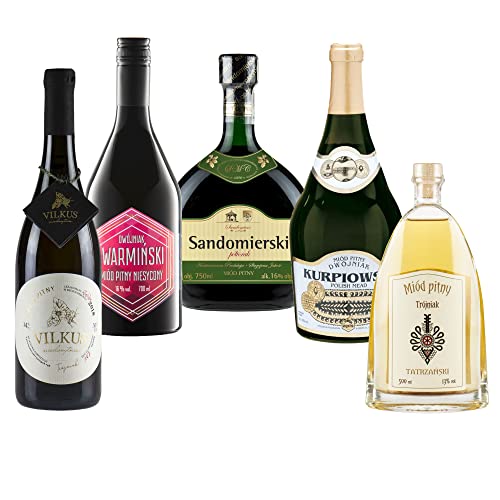 Satz von 5 Mets (Honigwein 1x Półtorak-Eineinhalber/ 2x Dwójniak-Halber / 2x Trójniak-Drittel) | 3450ml | 13-16% Alkohol Metwein | Polnische Produktion | Geschenkidee | 18+ von eHonigwein.de Premium Quality