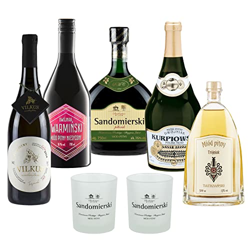 Satz von 5 Mets mit Bechern (Honigwein 1x Półtorak-Eineinhalber/ 2x Dwójniak-Halber / 2x Trójniak-Drittel) | 3450ml | 13-16% Alkohol Metwein | Polnische Produktion | Geschenkidee | 18+ von eHonigwein.de Premium Quality