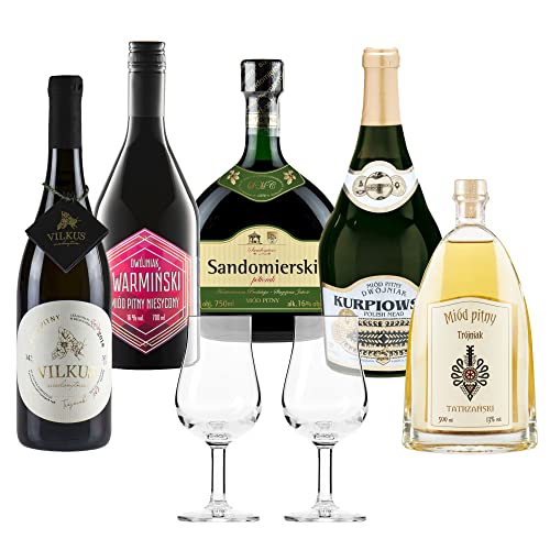 Satz von 5 Mets mit Gläsern (Honigwein 1x Półtorak-Eineinhalber/ 2x Dwójniak-Halber / 2x Trójniak-Drittel) | 3450ml | 13-16% Alkohol Metwein | Polnische Produktion | Geschenkidee | 18+ von eHonigwein.de Premium Quality