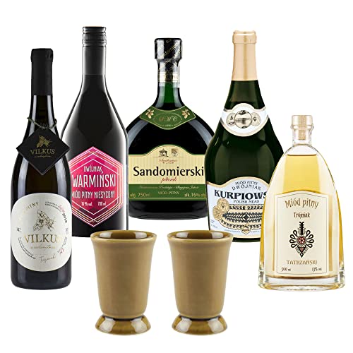 Satz von 5 Mets mit Keramikbechern (Honigwein 1x Półtorak-Eineinhalber/ 2x Dwójniak-Halber / 2x Trójniak-Drittel) | 3450ml | 13-16% Alkohol Metwein | Polnische Produktion | Geschenkidee | 18+ von eHonigwein.de Premium Quality