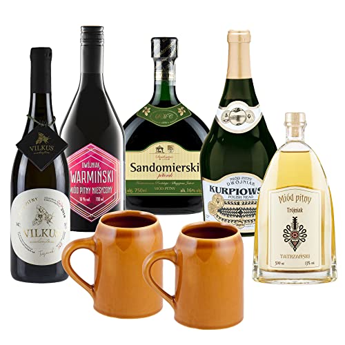 Satz von 5 Mets mit Keramikkrügen (Honigwein 1x Półtorak-Eineinhalber/ 2x Dwójniak-Halber / 2x Trójniak-Drittel) | 3450ml | 13-16% Alkohol Metwein | Polnische Produktion | Geschenkidee | 18+ von eHonigwein.de Premium Quality