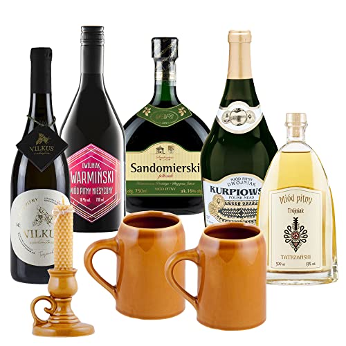 Satz von 5 Mets mit Keramikkrügen und Leuchter (Honigwein 1x Półtorak-Eineinhalber/ 2x Dwójniak-Halber / 2x Trójniak-Drittel) | 3450ml | 13-16% Alkohol Metwein | Polnische Produktion | 18+ von eHonigwein.de Premium Quality