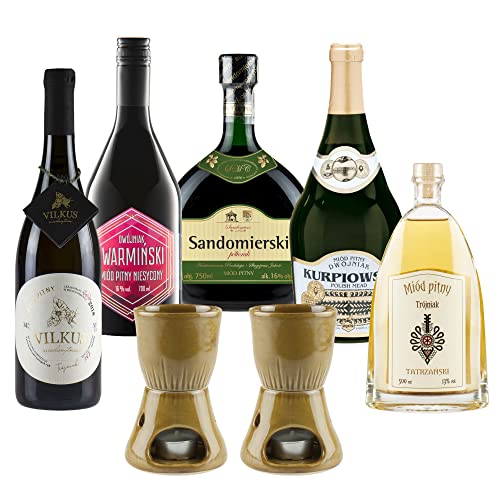 Satz von 5 Mets mit Keramikwärmern (Honigwein 1x Półtorak-Eineinhalber/ 2x Dwójniak-Halber / 2x Trójniak-Drittel) | 3450ml | 13-16% Alkohol Metwein | Polnische Produktion | Geschenkidee | 18+ von eHonigwein.de Premium Quality