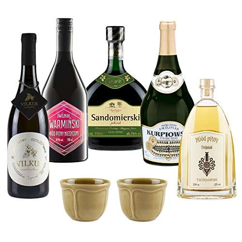 Satz von 5 Mets mit kleinen Keramikbechern (Honigwein 1x Półtorak-Eineinhalber/ 2x Dwójniak-Halber / 2x Trójniak-Drittel) | 3450ml | 13-16% Alkohol Metwein | Polnische Produktion | Geschenkidee | 18+ von eHonigwein.de Premium Quality