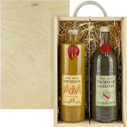 Set mit 2 Jaros Mets (Honigwein AM Dwójniak-Halber/Herbowy Trójniak-Einhalber) Geschenkset in einer leichten Holzbox | 1500ml | 13-16% Alkohol Metwein | Polnische Produktion von eHonigwein.de Premium Quality