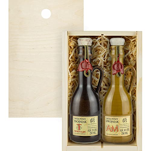 Set mit 2 Jaros Mets (Honigwein AM Dwójniak-Halber/Trybunalski Trójniak-Einhalber) Geschenkset in einer leichten Holzbox | 500ml | 13-16% Alkohol Metwein | Polnische Produktion von eHonigwein.de Premium Quality