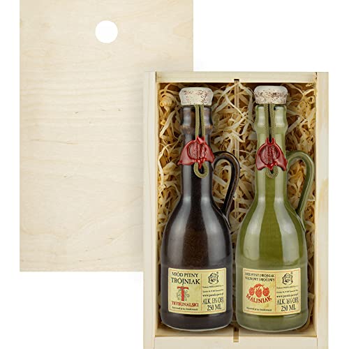 Set mit 2 Jaros Mets (Honigwein Dwójniak Maliniak-Halber Himbeere/Trybunalski Trójniak-Einhalber) Geschenkset in einer leichten Holzbox | 500ml | 13-16% Alkohol Metwein | Polnische Produktion von eHonigwein.de Premium Quality