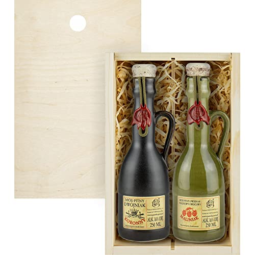 Set mit 2 Jaros Mets (Honigwein Koronny Dwójniak-Halber/Dwójniak Maliniak-Halber Himbeere) Geschenkset in einer leichten Holzbox | 500ml | 16% Alkohol Metwein | Polnische Produktion von eHonigwein.de Premium Quality