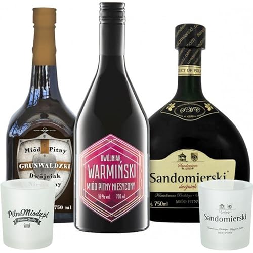 Set mit 3 Dwójniak-Halber Mets mit 2 Bechern |Grunwaldzki, Warmiński, Sandomierski| | 2200ml | 16% Alkohol Metwein | Polnische Produktion von eHonigwein.de Premium Quality