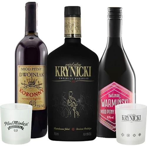 Set mit 3 Dwójniak-Halber Mets mit 2 Bechern|Koronny, Krynicki Maliniak, Warmiński| | 2200ml | 16% Alkohol Metwein | Polnische Produktion von eHonigwein.de Premium Quality