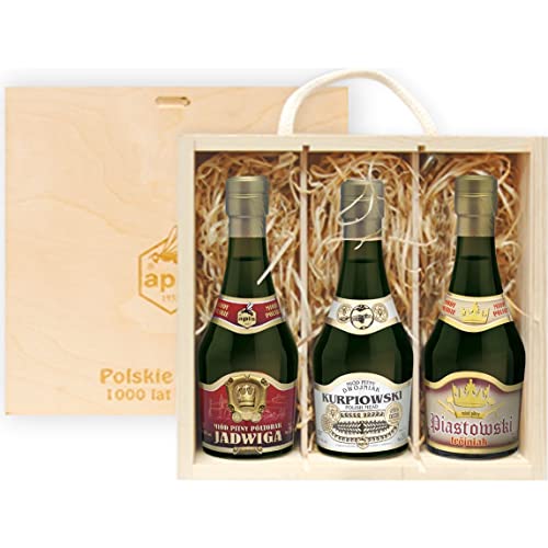 Set mit 3 Mets |Honigwein Jadwiga Półtaorak-Einhalber, Kurpiowski Dwójniak-Halber, Piastowski Trójniak-Drittel| Geschenkset in einer leichten Holzbox | 750ml | 13-16% Alkohol Metwein von eHonigwein.de Premium Quality