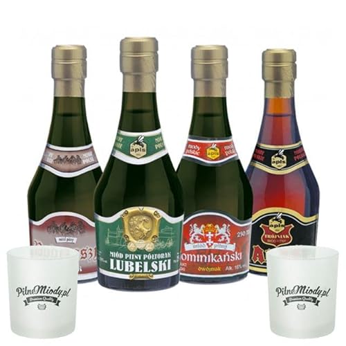 Set mit 4 Mets (Honigwein Półtorak-Eineinhalber/Dwójniak-Halber / 2x Trójniak-Drittel) mit 2 Bechern | 1000ml | 13-16% Alkohol Metwein | Polnische Produktion von eHonigwein.de Premium Quality