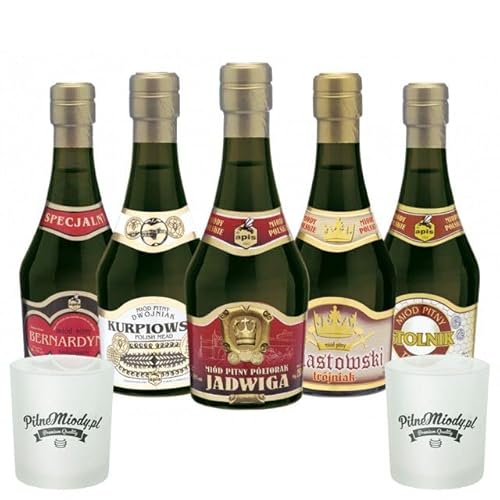 Set mit 5 Mets (Honigwein Półtorak-Eineinhalber/ 2x Dwójniak-Halber / 3x Trójniak-Drittel) mit 2 Bechern | 1250ml | 13-16% Alkohol Metwein | Polnische Produktion von eHonigwein.de Premium Quality