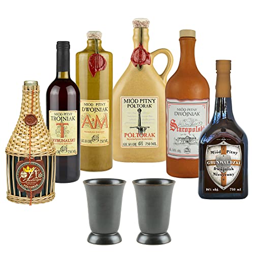 Setz von 6 Mets mit Keramikbechern (Honigwein 2x Półtorak-Eineinhalber/ 3x Dwójniak-Halber/Trójniak-Drittel) | 4500ml | 13-16% Alkohol Metwein | Polnische Produktion von eHonigwein.de Premium Quality