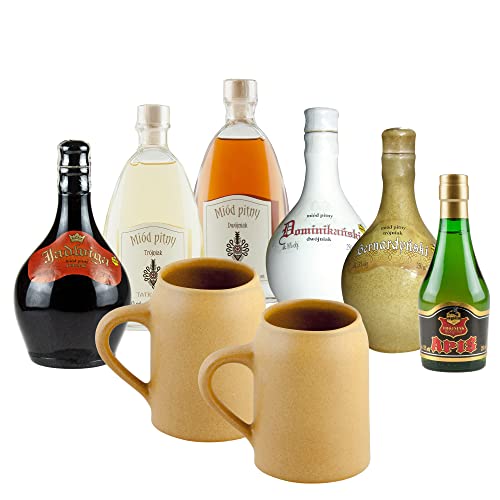 Setz von 6 Mets mit Keramikkrügen (Honigwein Półtorak-Eineinhalber/ 2x Dwójniak-Halber / 3x Trójniak-Drittel) |1400ml | 13-16% Alkohol Metwein | Polnische Produktion von eHonigwein.de Premium Quality