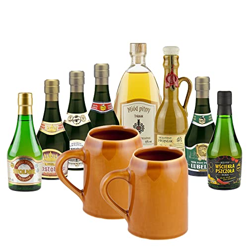 Setz von 8 Mets mit Keramikkrügen (Honigwein Półtorak-Eineinhalber/ 3x Dwójniak-Halber / 4x Trójniak-Drittel) |1950ml | 13-16% Alkohol Metwein | Polnische Produktion von eHonigwein.de Premium Quality