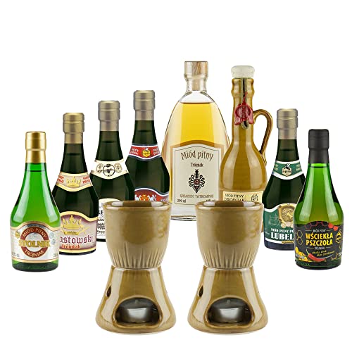 Setz von 8 Mets mit Keramikwärmern (Honigwein Półtorak-Eineinhalber/ 3x Dwójniak-Halber / 4x Trójniak-Drittel) |1950ml | 13-16% Alkohol Metwein | Polnische Produktion von eHonigwein.de Premium Quality