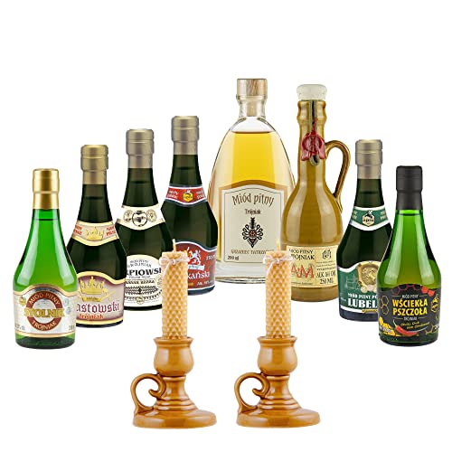 Setz von 8 Mets mit Leuchteren (Honigwein Półtorak-Eineinhalber/ 3x Dwójniak-Halber / 4x Trójniak-Drittel) |1950ml | 13-16% Alkohol Metwein | Polnische Produktion von eHonigwein.de Premium Quality