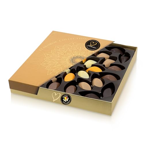 ePralinchen belgische Luxus-Pralinen | Teardrops | luxuriöse goldene Pralinenbox mit 320g gemischten Pralinen in Tropfenform mit Mandel, Orange, Salzkaramell uvm | köstliche Schokolade made in Belgium von ePralinchen